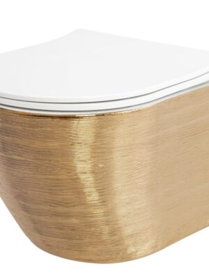 REA - Závesná WC misa vrátane sedátka RIMLESS Carlo Flat Brush zlato / biela REA-C6942